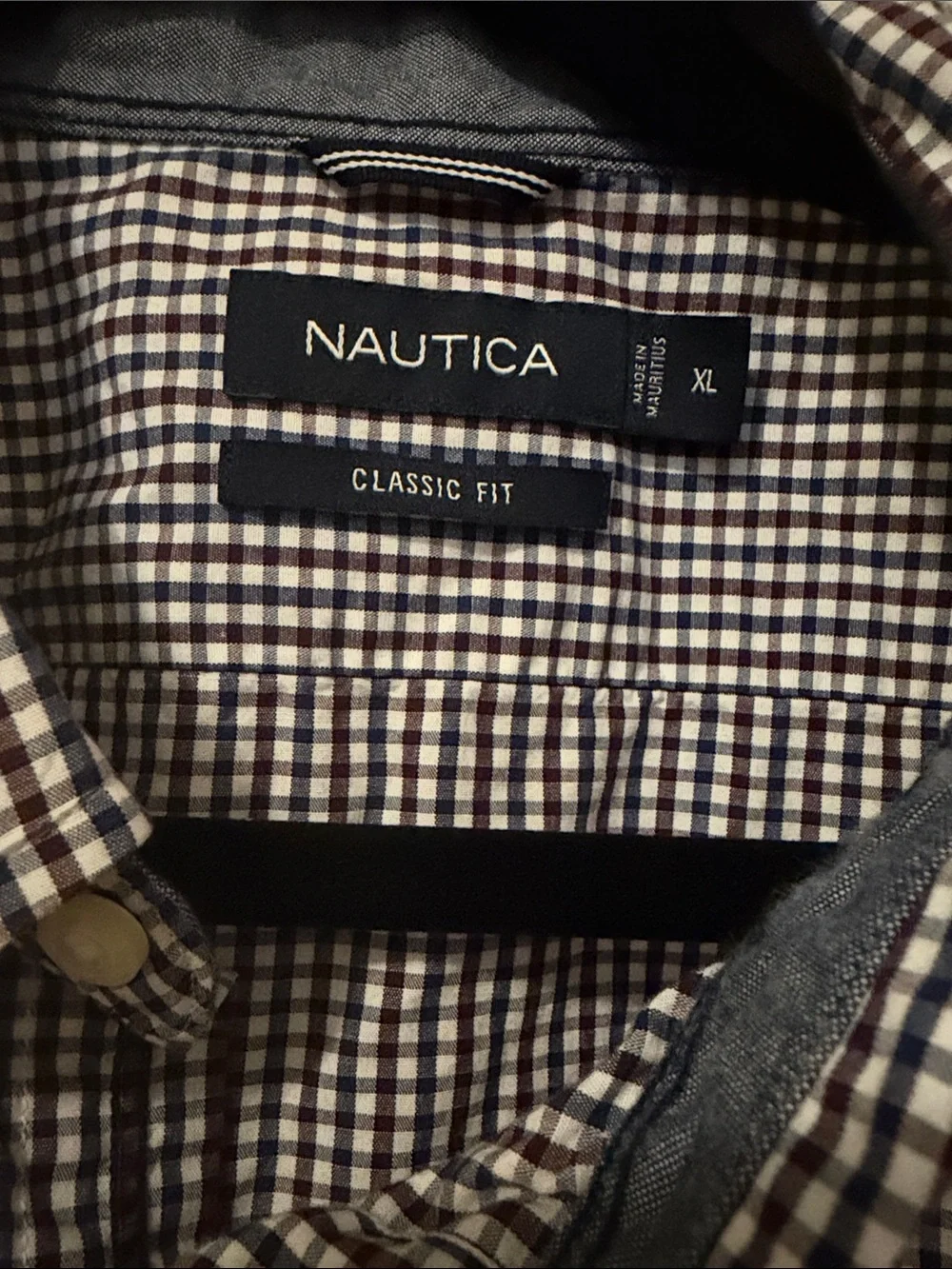 Nautica Short-Sleeve Navy, Burgundy and White Check Button-Down Shirt